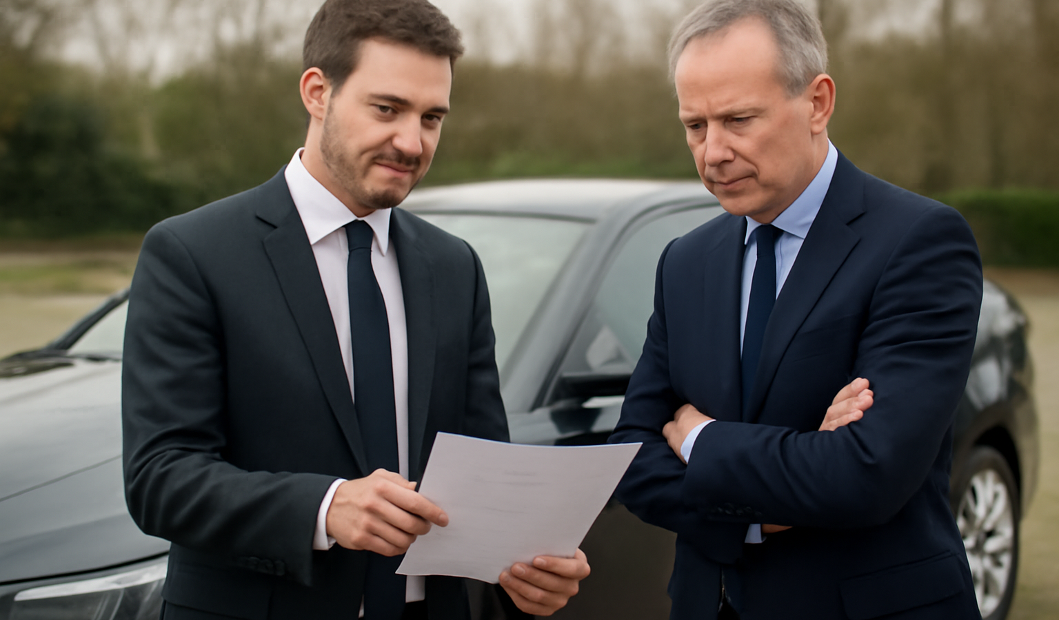 conseiller montrant document à dirigeant devant voiture