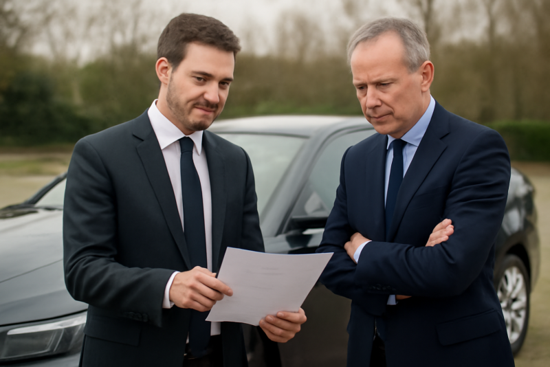 conseiller montrant document à dirigeant devant voiture
