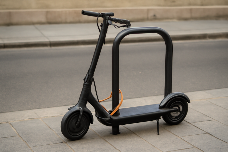 scooter attaché à un arceau urbain