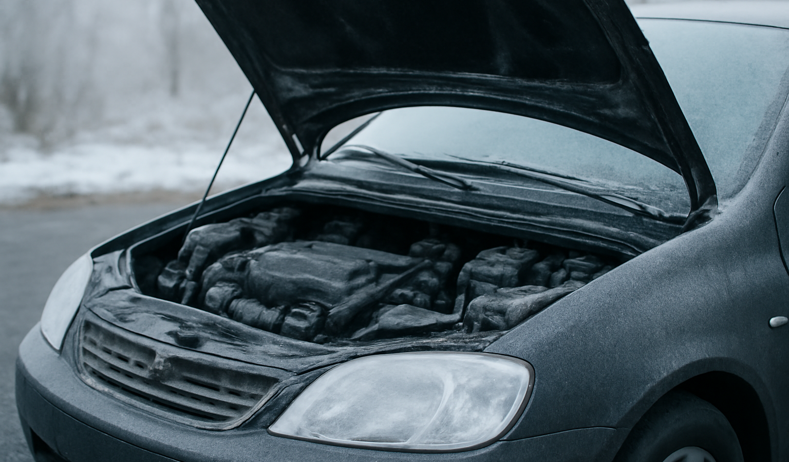 capot ouvert devant voiture par temps froid