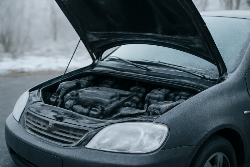 capot ouvert devant voiture par temps froid