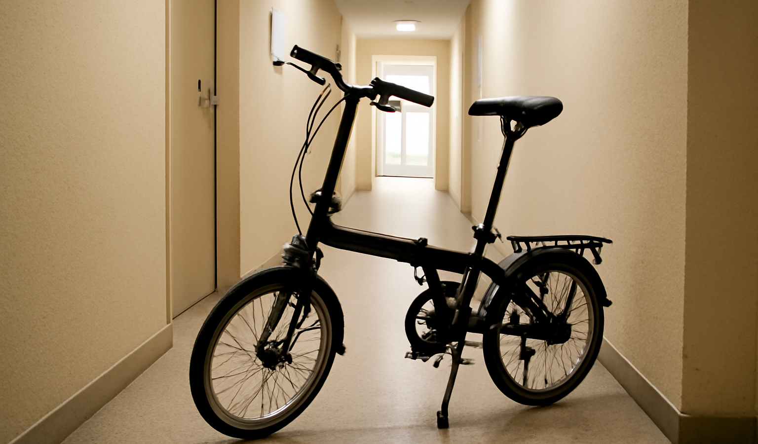 vélo pliant posé dans un couloir d'immeuble