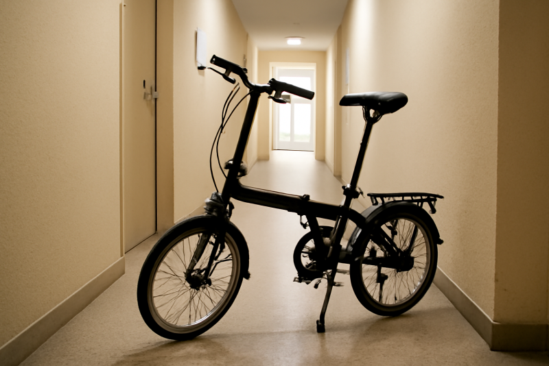 vélo pliant posé dans un couloir d'immeuble