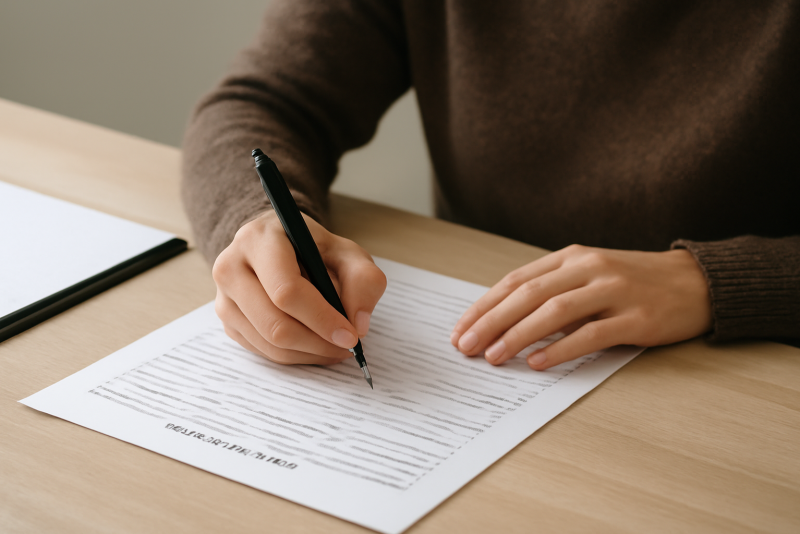 personne remplissant formulaire administratif sur table