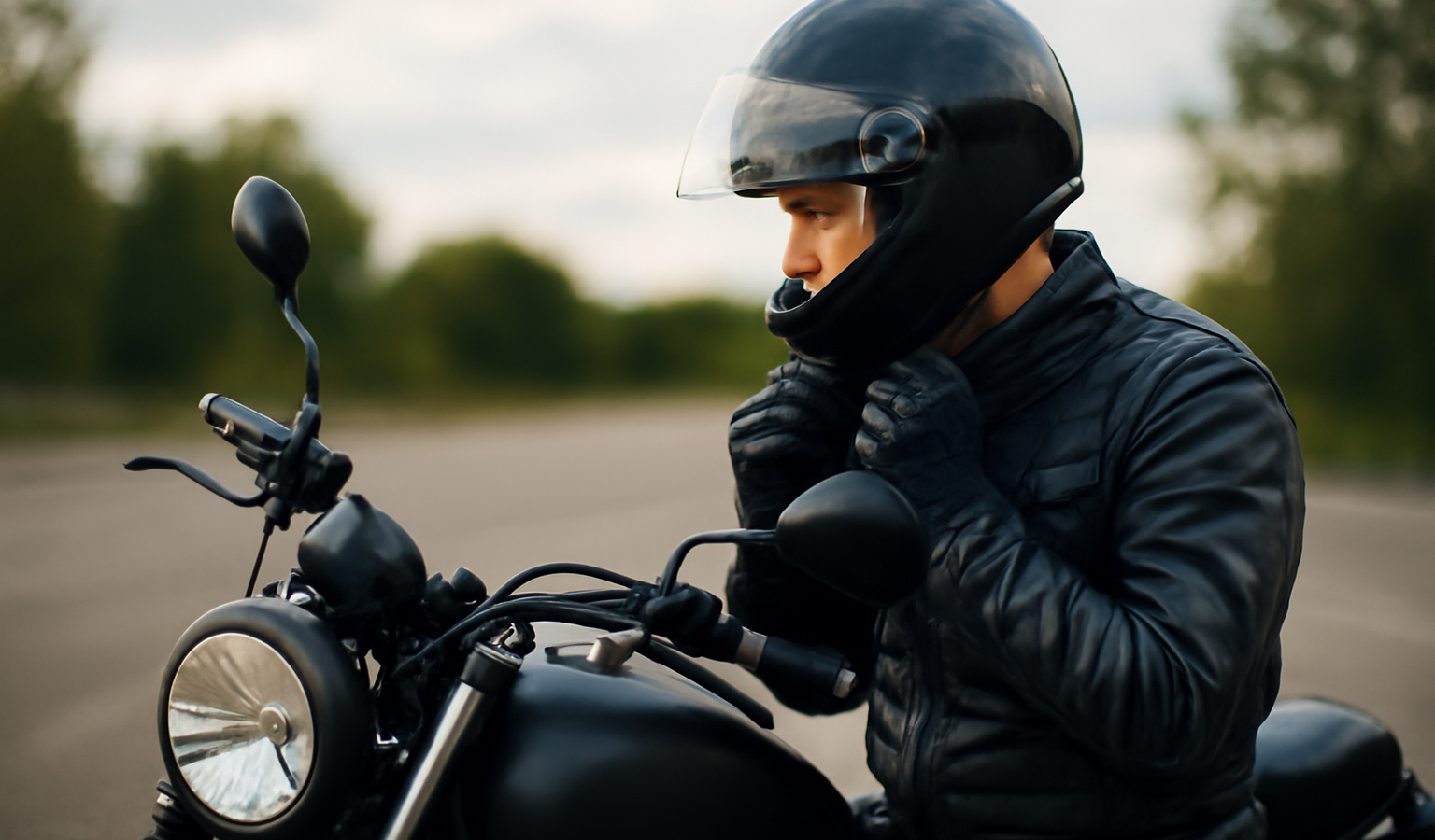 motard ajustant son casque près de sa moto