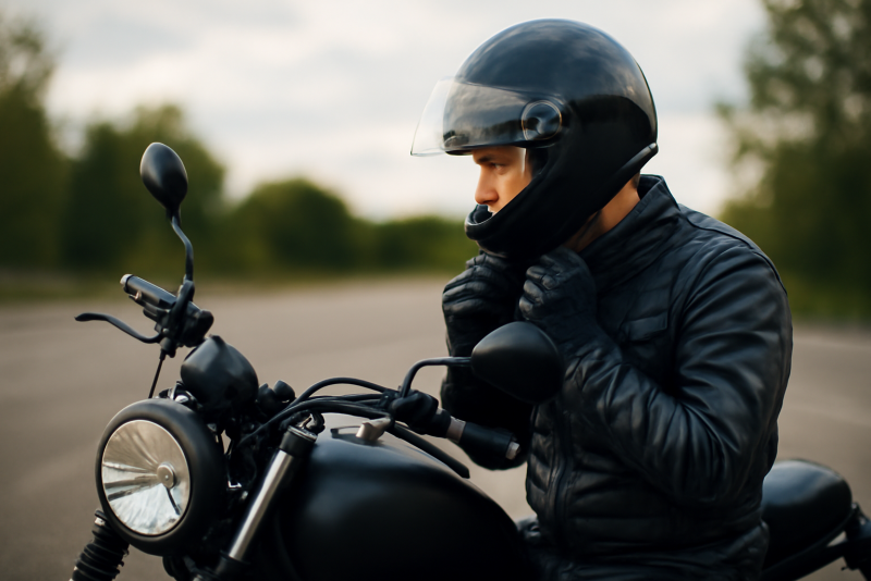 motard ajustant son casque près de sa moto