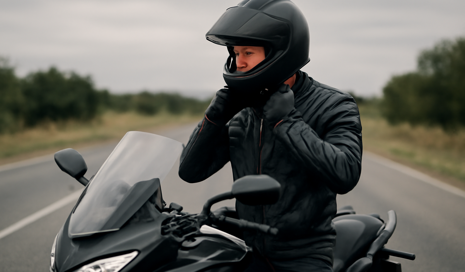 motard ajustant son casque sur route