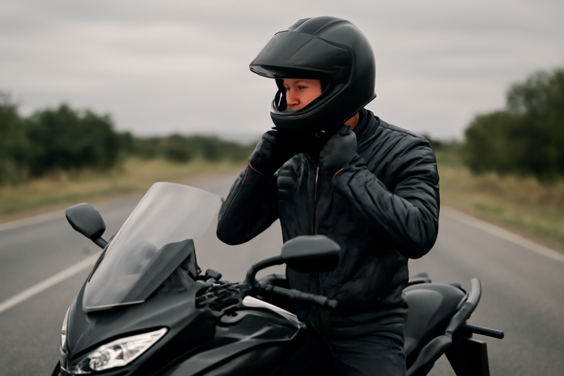 motard ajustant son casque sur route
