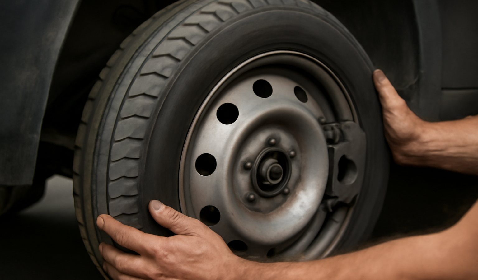 mains retirant une roue de voiture pour freins