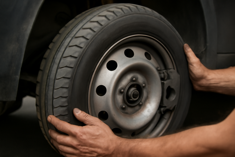 mains retirant une roue de voiture pour freins