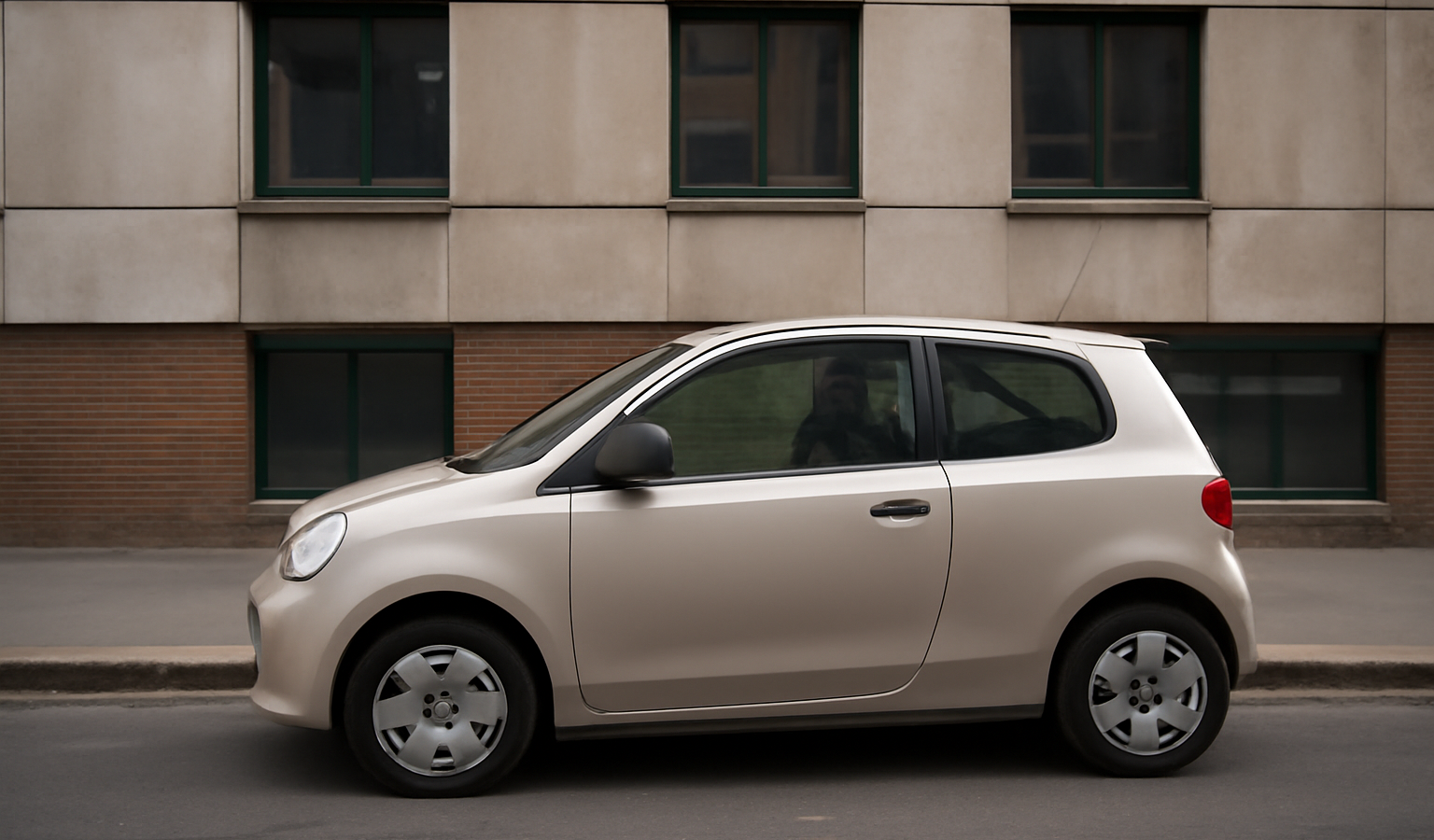 petite voiture garée devant immeuble urbain