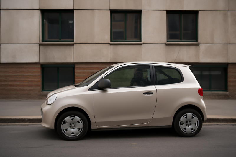petite voiture garée devant immeuble urbain