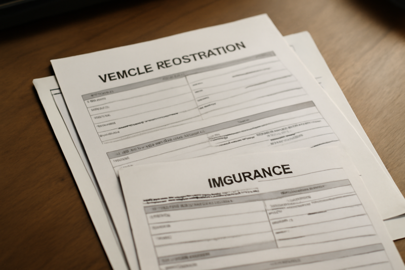 papiers de voiture posés sur un bureau