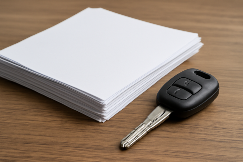 pile de papiers et clé de voiture sur table