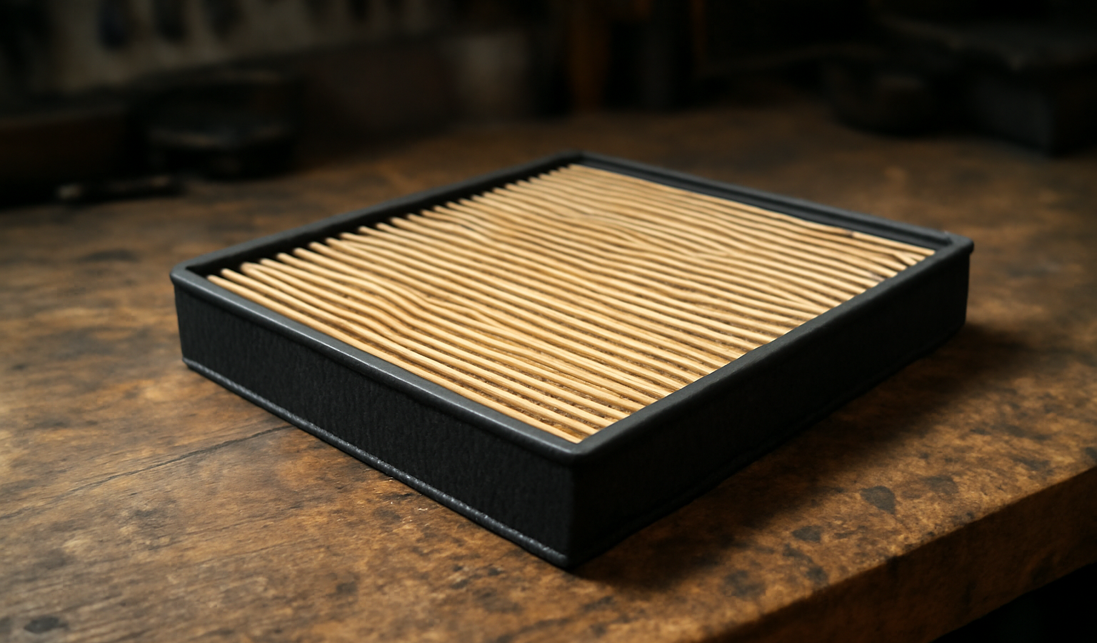 filtre posé sur établi d'atelier