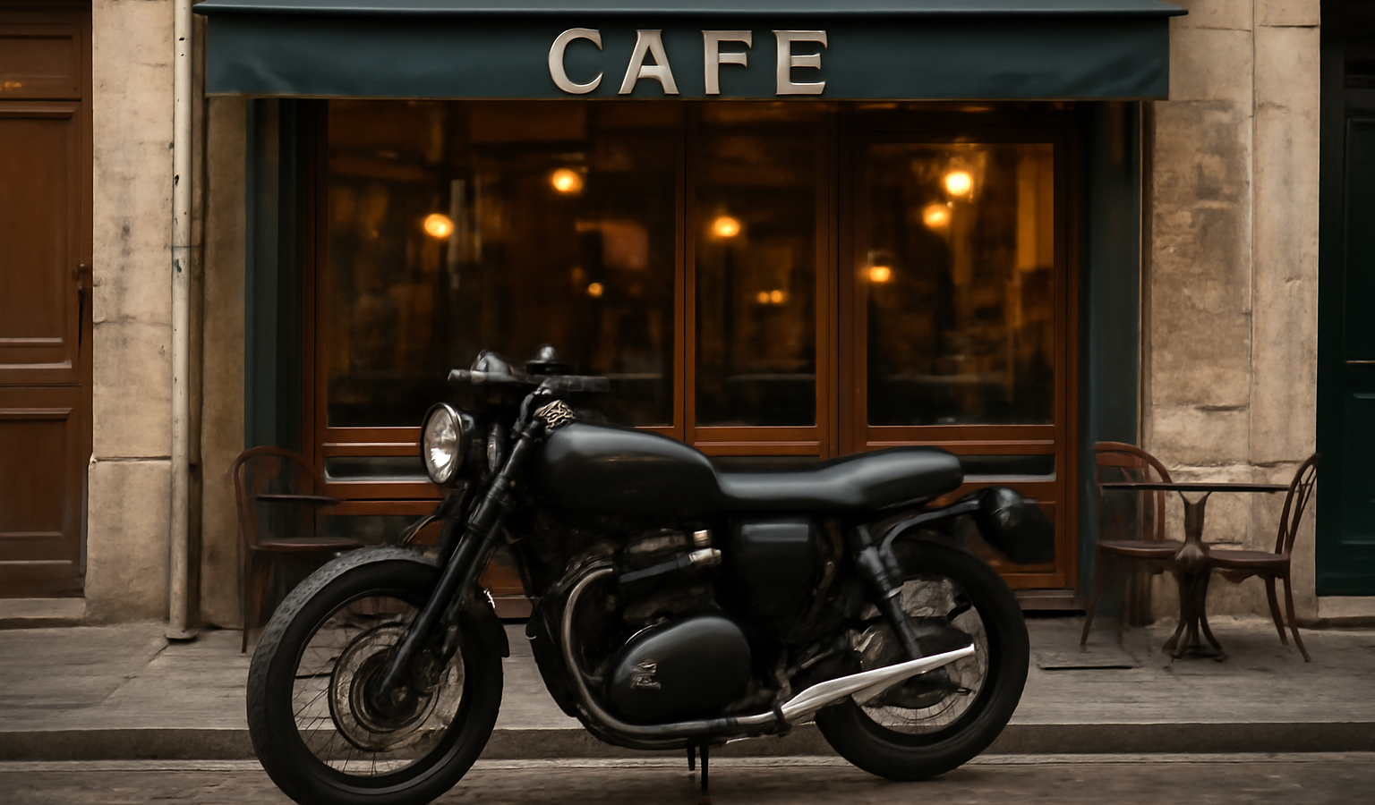 moto garée devant un café en ville