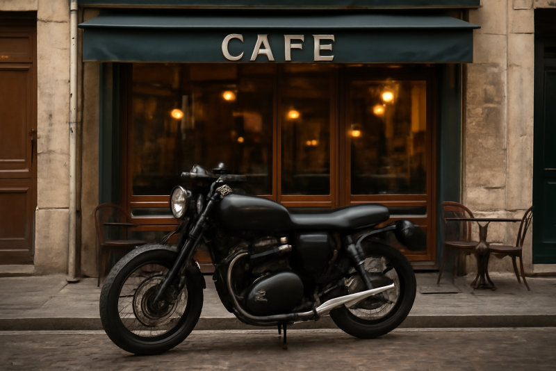 moto garée devant un café en ville