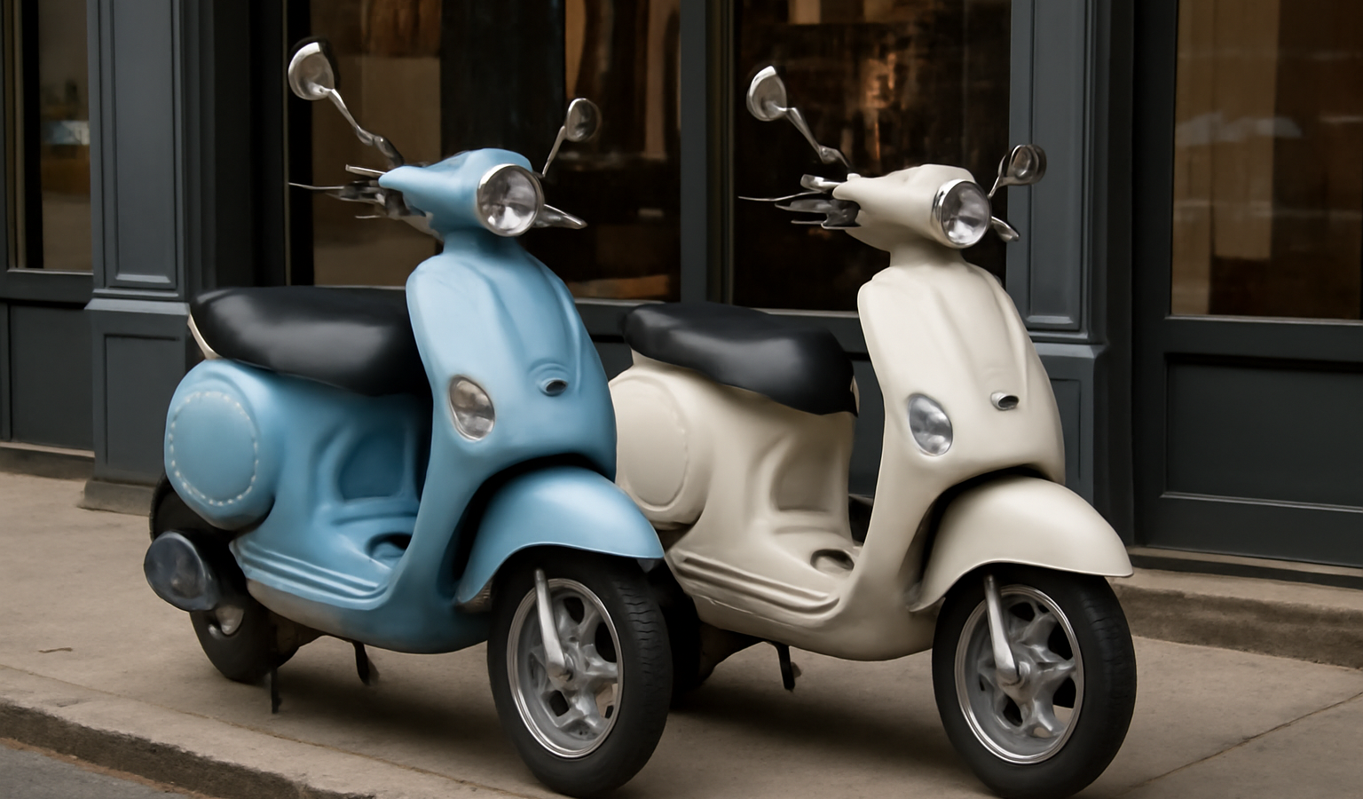 deux scooters stationnés devant magasin urbain