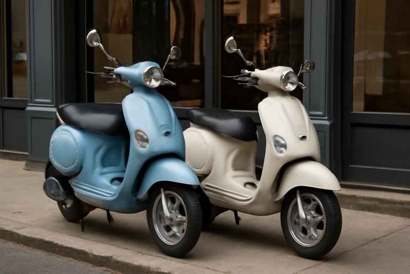 deux scooters stationnés devant magasin urbain