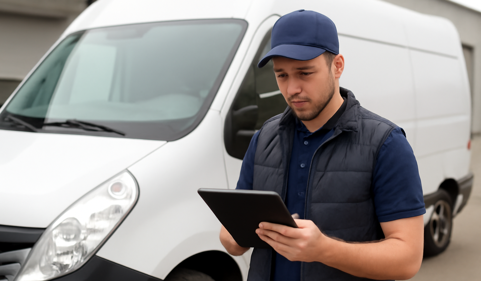 chauffeur consultant tablette devant fourgon de livraison
