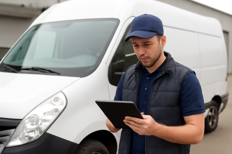 chauffeur consultant tablette devant fourgon de livraison