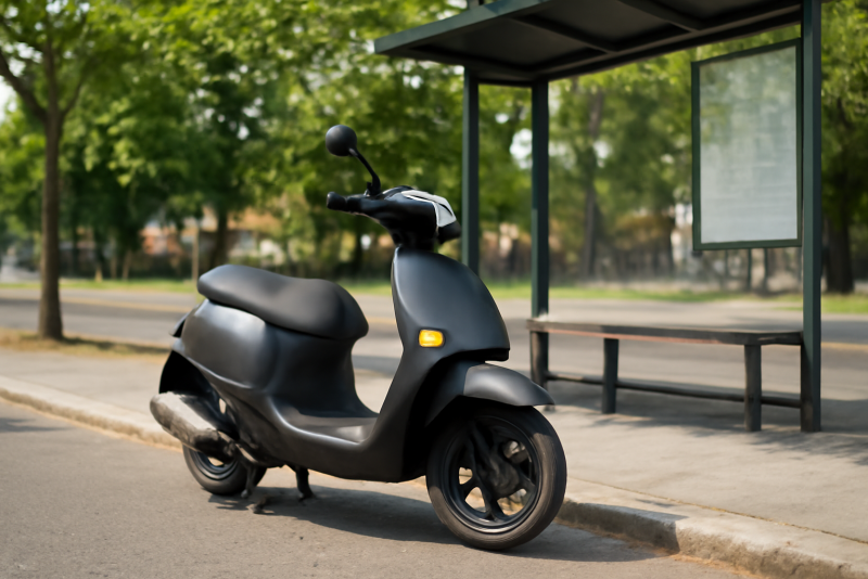 scooter stationné près d'un arrêt de bus
