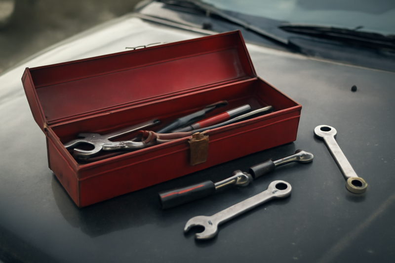 boîte à outils et pièces posées sur capot