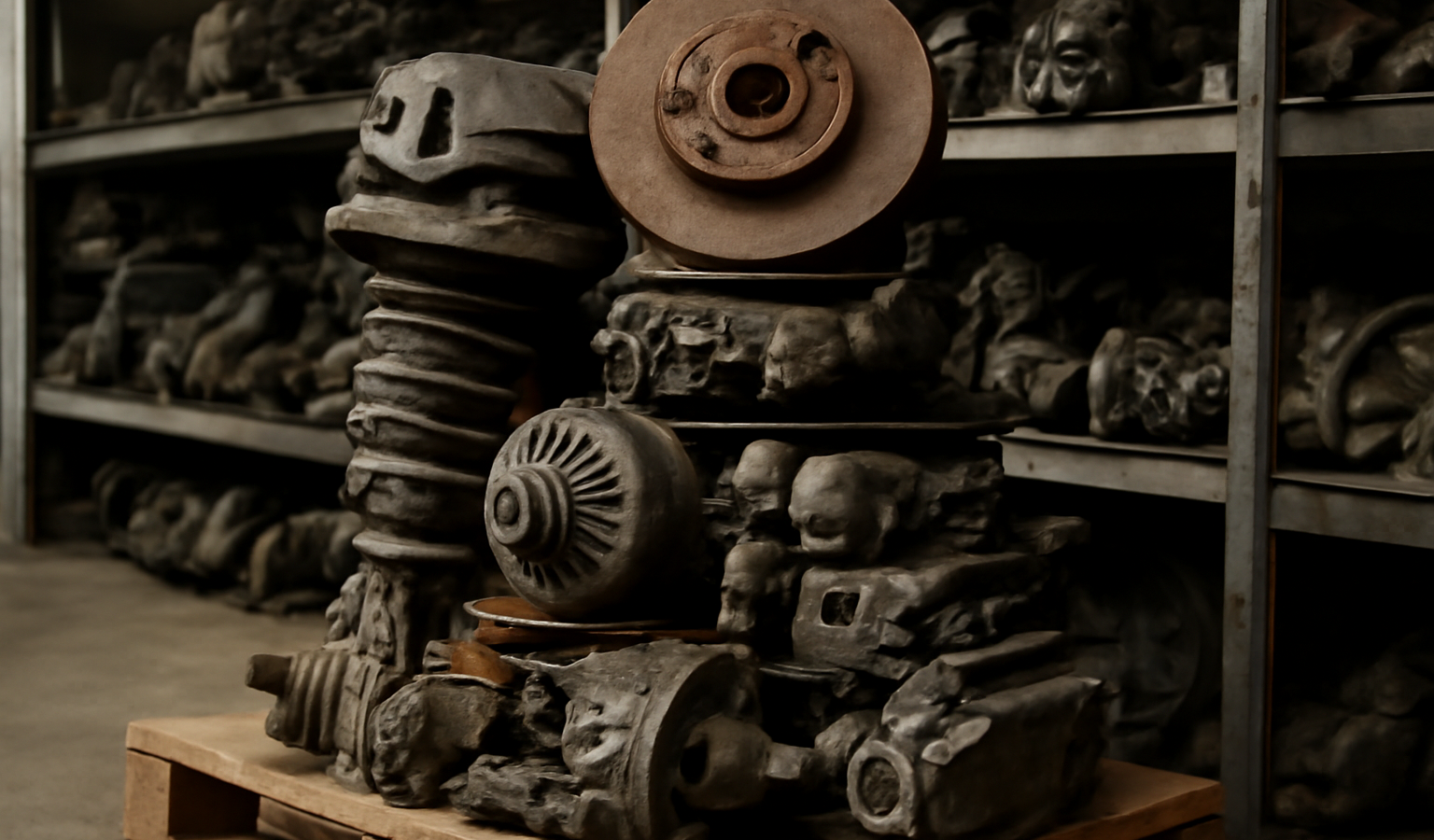 palette de pièces auto d'occasion empilées en atelier