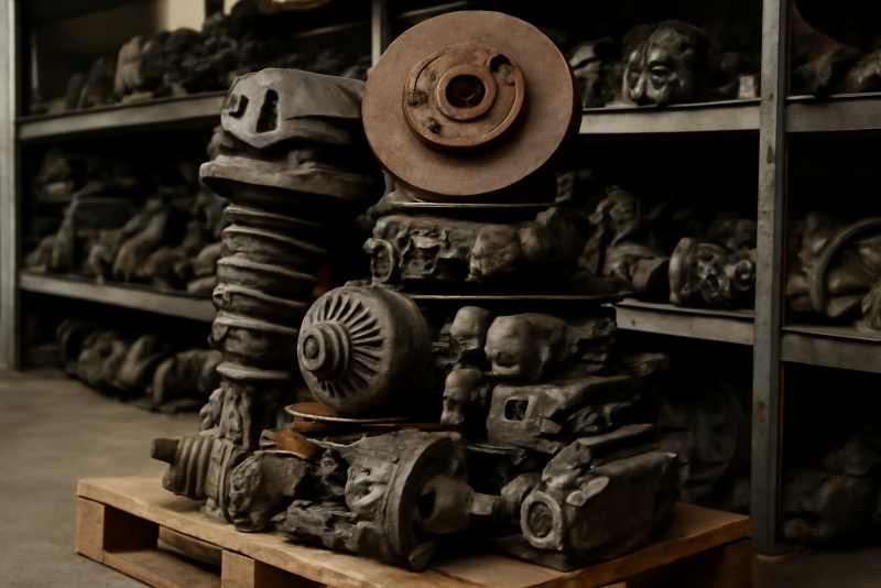 palette de pièces auto d'occasion empilées en atelier