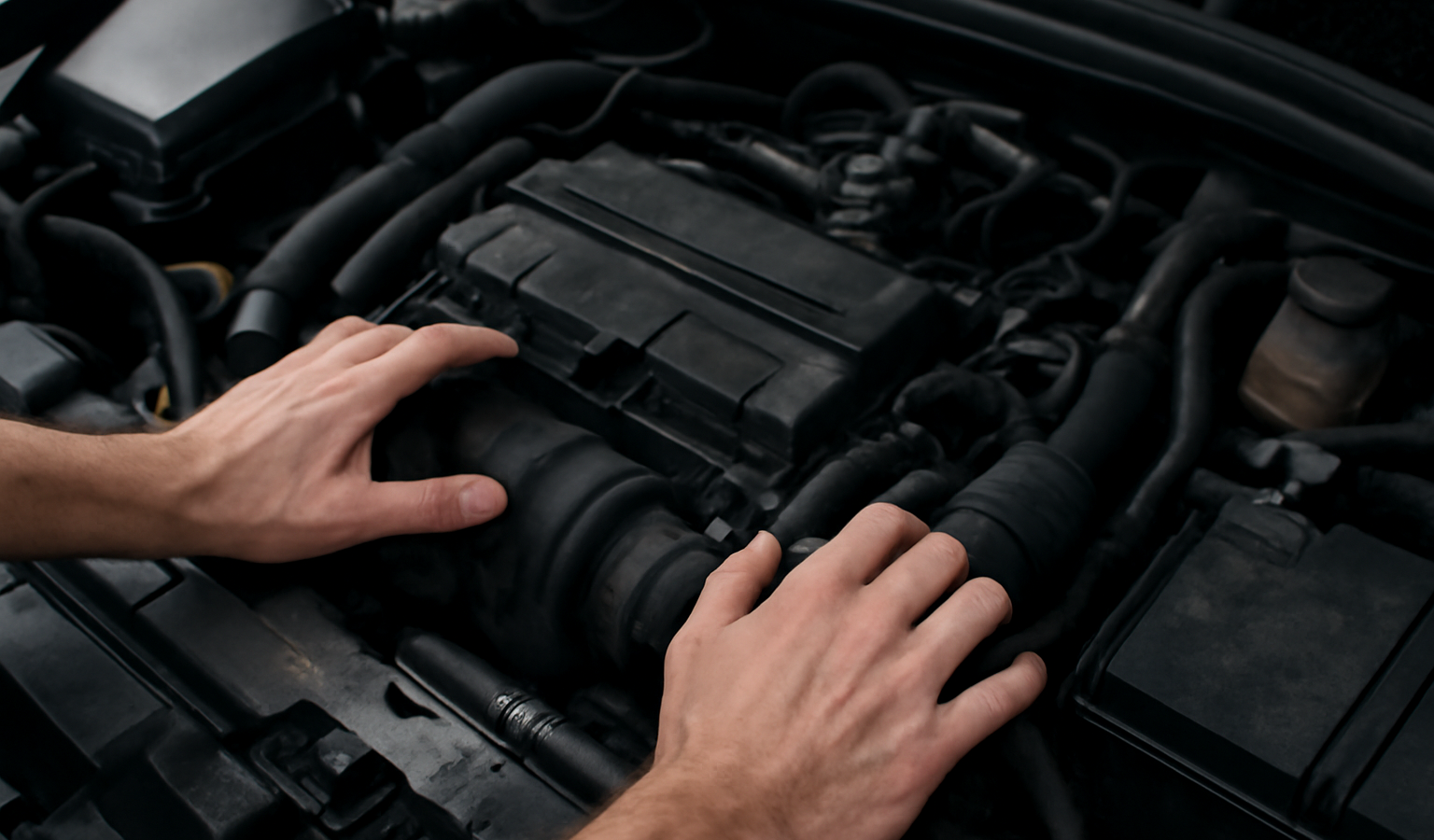 mains examinant le compartiment moteur