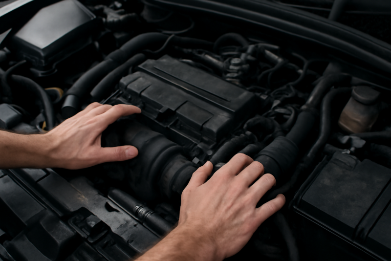 mains examinant le compartiment moteur