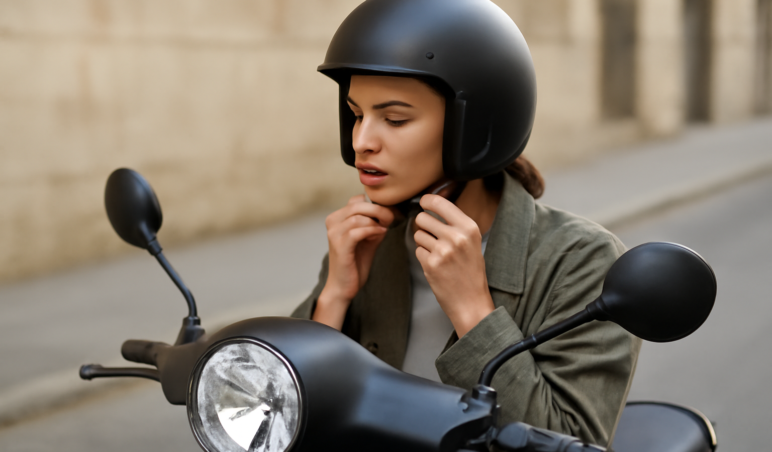 personne ajustant un casque près d'un scooter