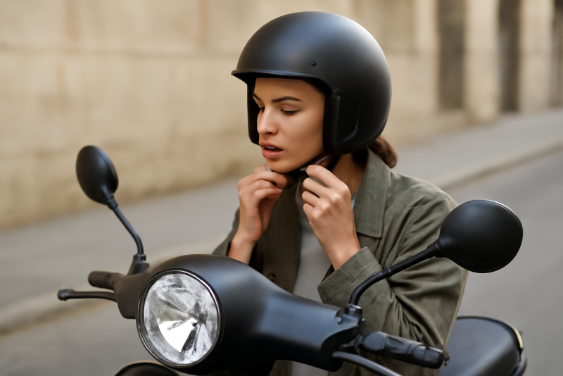 personne ajustant un casque près d'un scooter