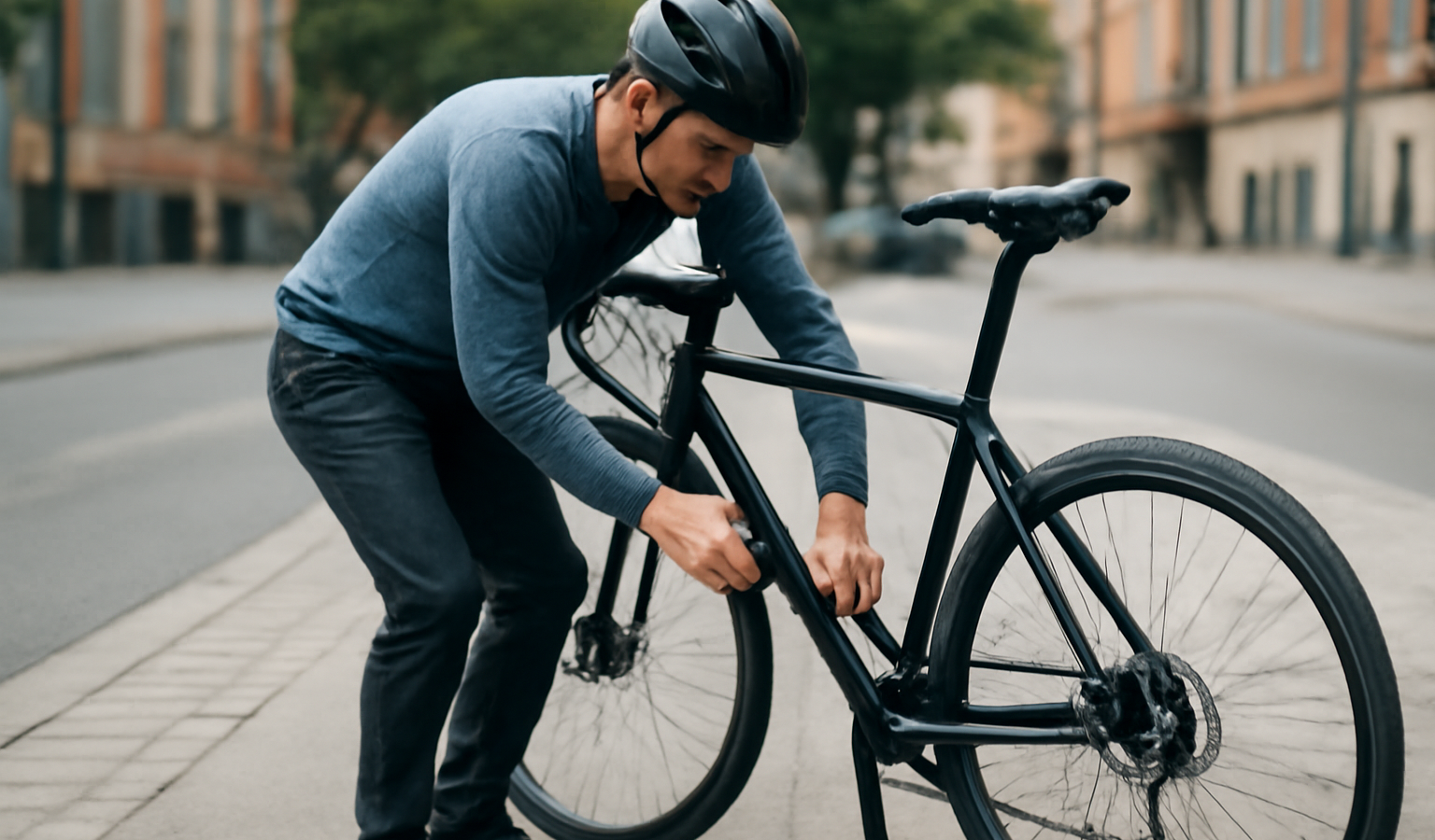 cycliste attachant son vélo à un arceau
