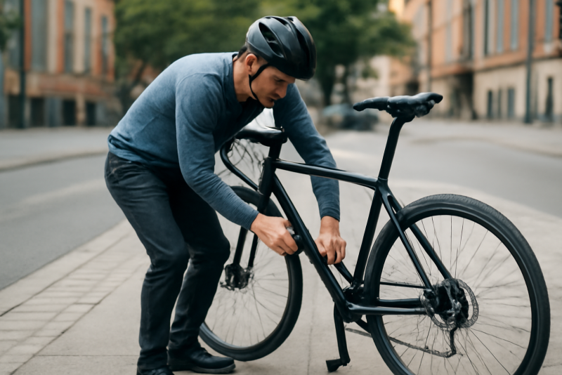 cycliste attachant son vélo à un arceau