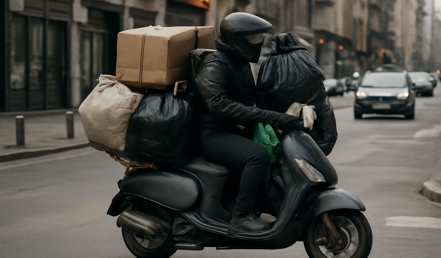 scooter chargé circulant en milieu urbain