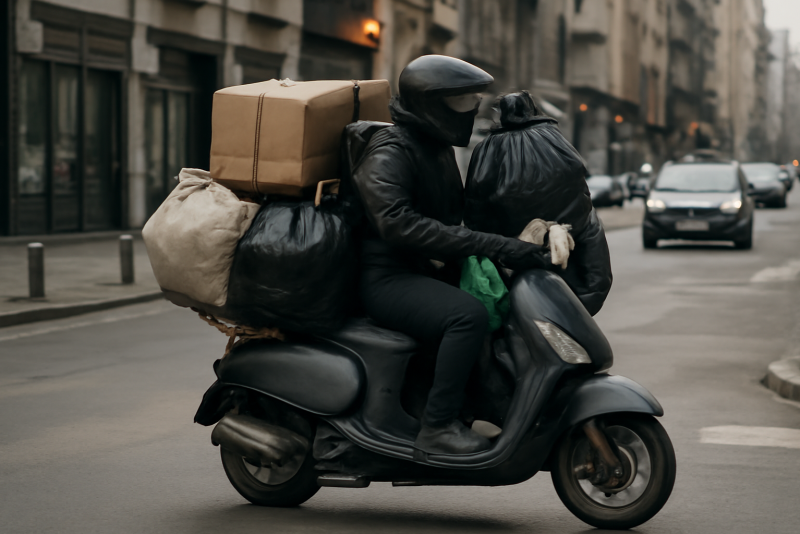 scooter chargé circulant en milieu urbain