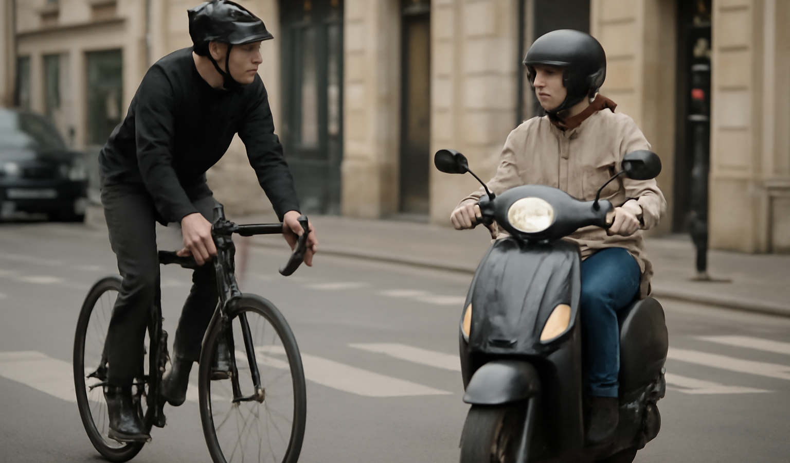cycliste et scootériste se croisant en rue