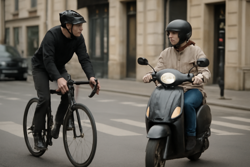 cycliste et scootériste se croisant en rue