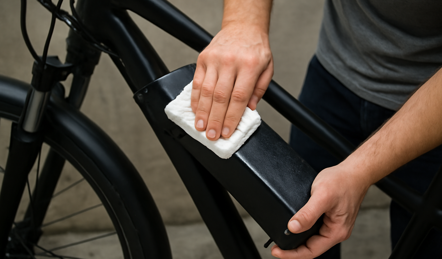 personne nettoyant batterie de vélo électrique