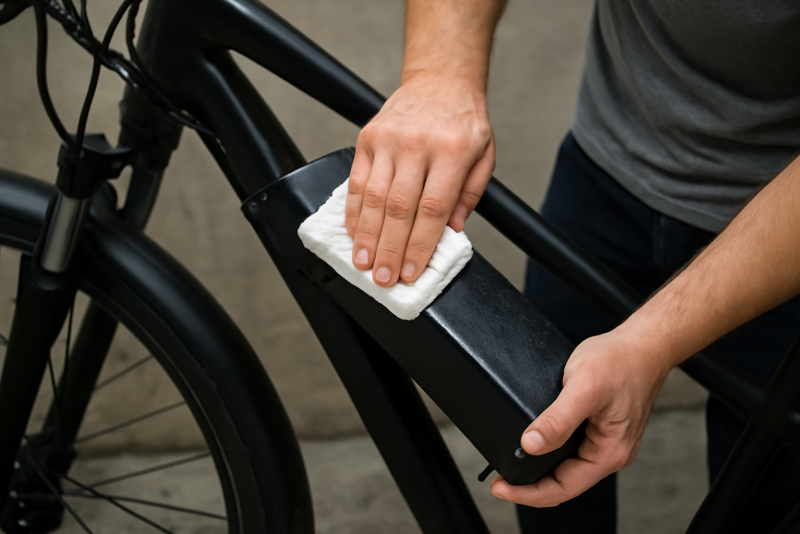 personne nettoyant batterie de vélo électrique