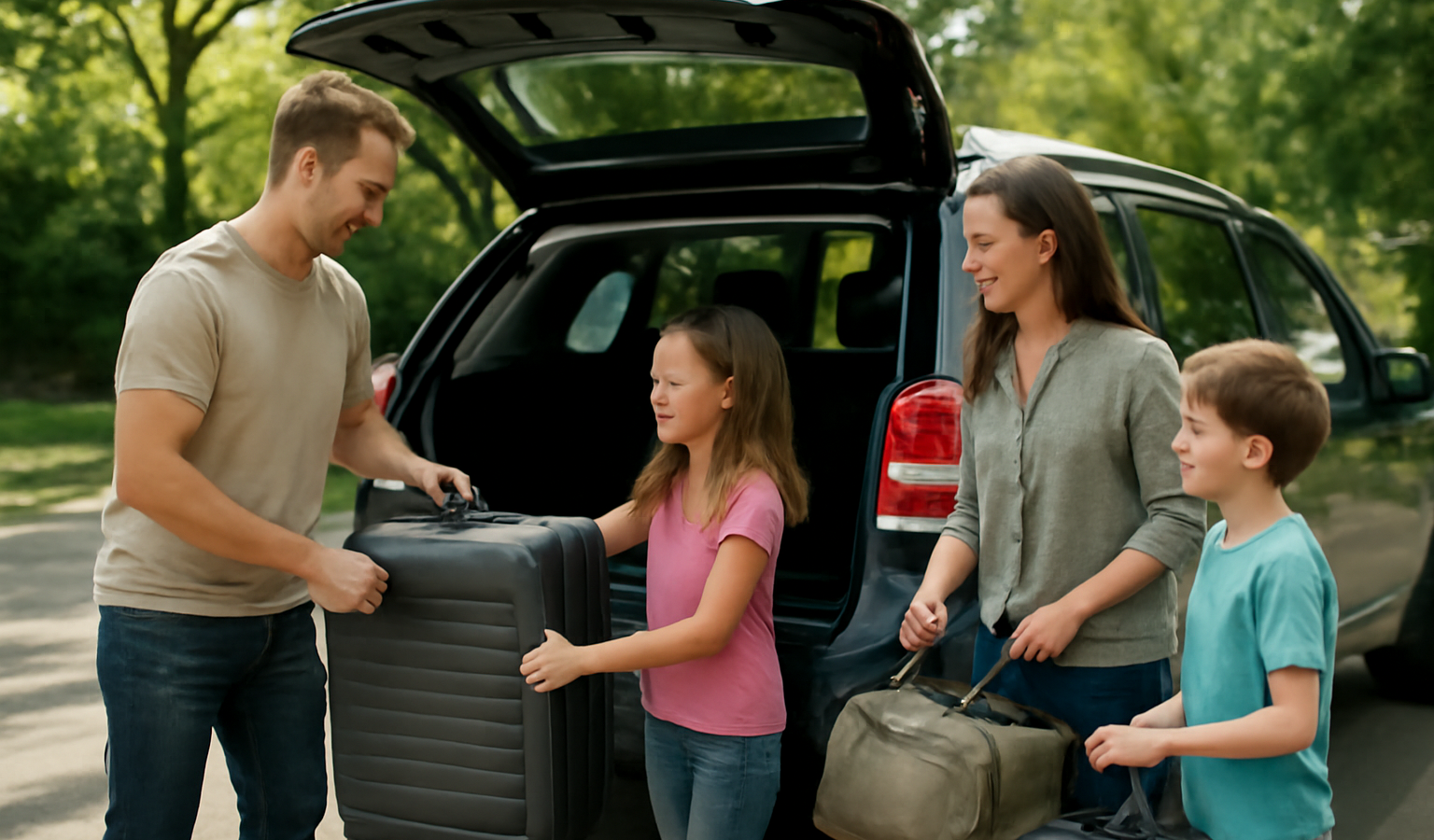 famille chargeant bagages dans un SUV