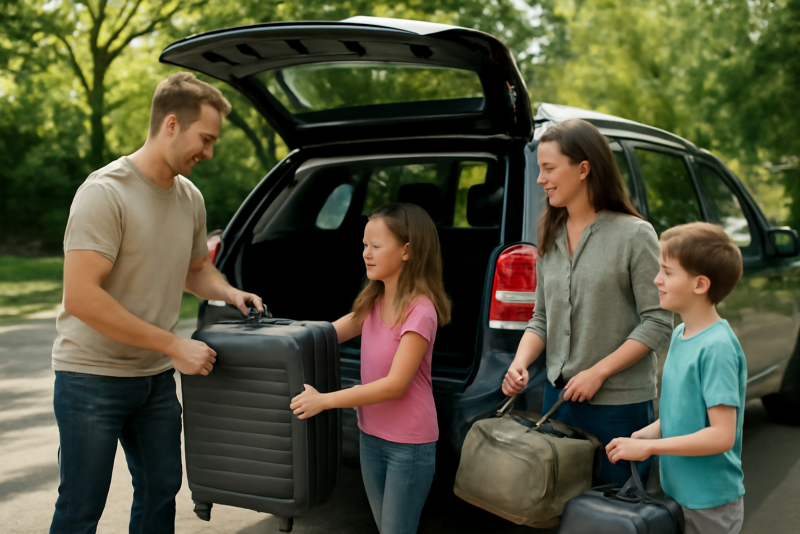 famille chargeant bagages dans un SUV