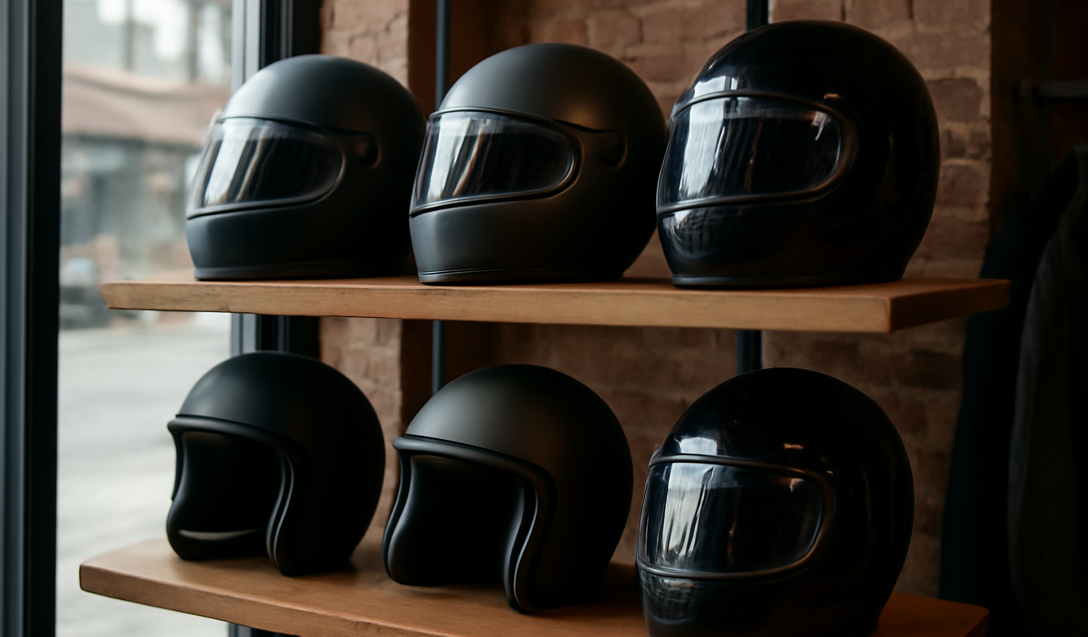 casques posés sur étagère en boutique urbaine