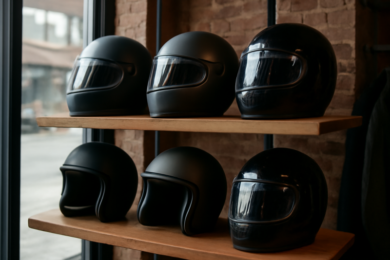 casques posés sur étagère en boutique urbaine