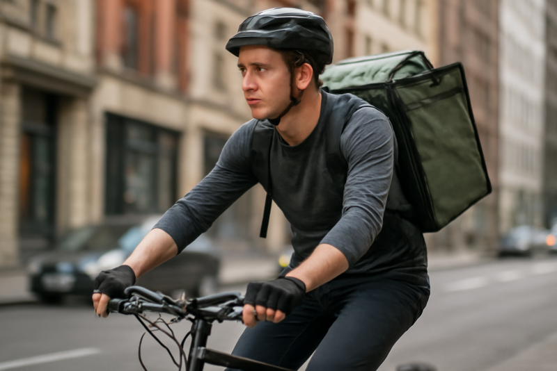 cycliste chargé effectuant une livraison urbaine