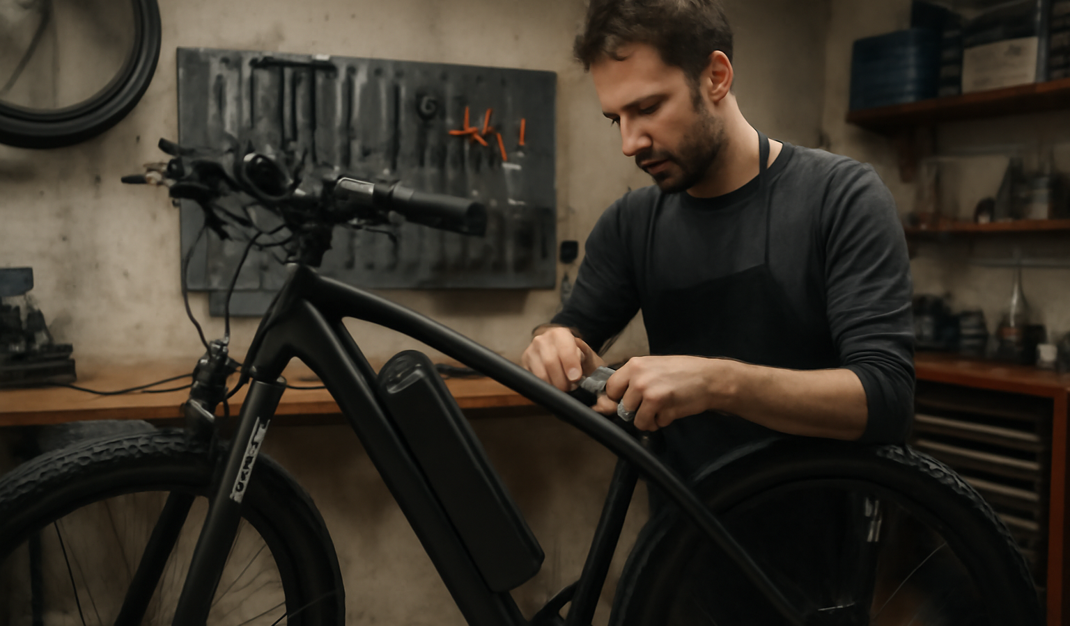 atelier réparant un vélo électrique en intérieur