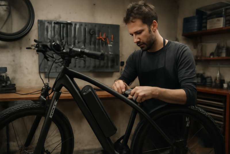 atelier réparant un vélo électrique en intérieur