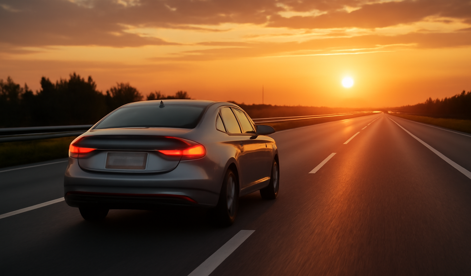 voiture sur autoroute au coucher de soleil