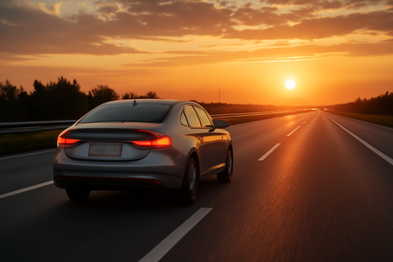 voiture sur autoroute au coucher de soleil